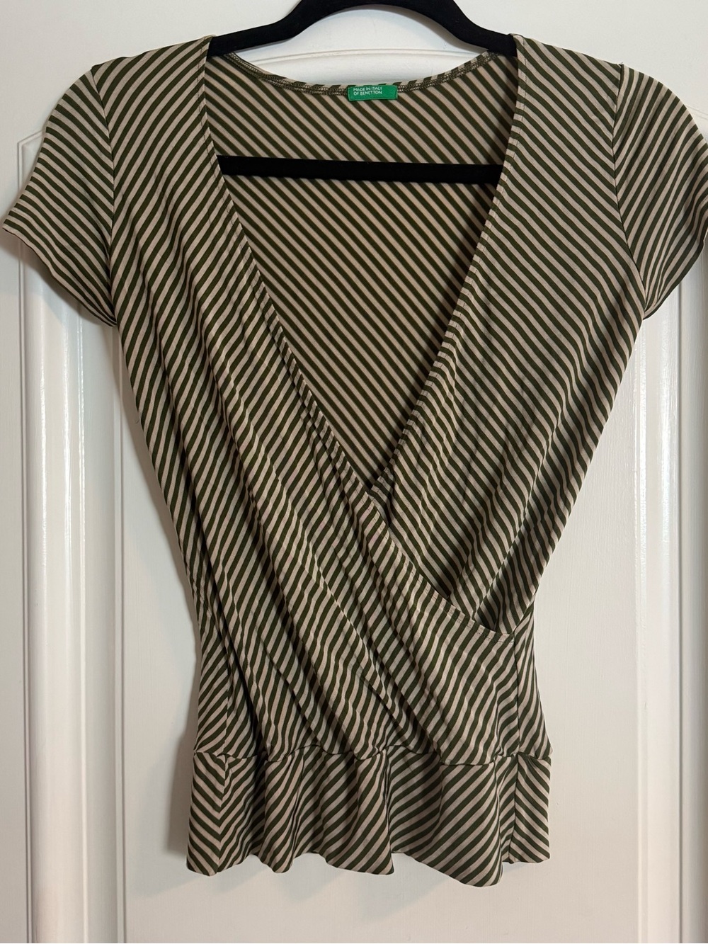 United Colors Of Benetton Olive Green & Cream Striped Wrap Top Dress